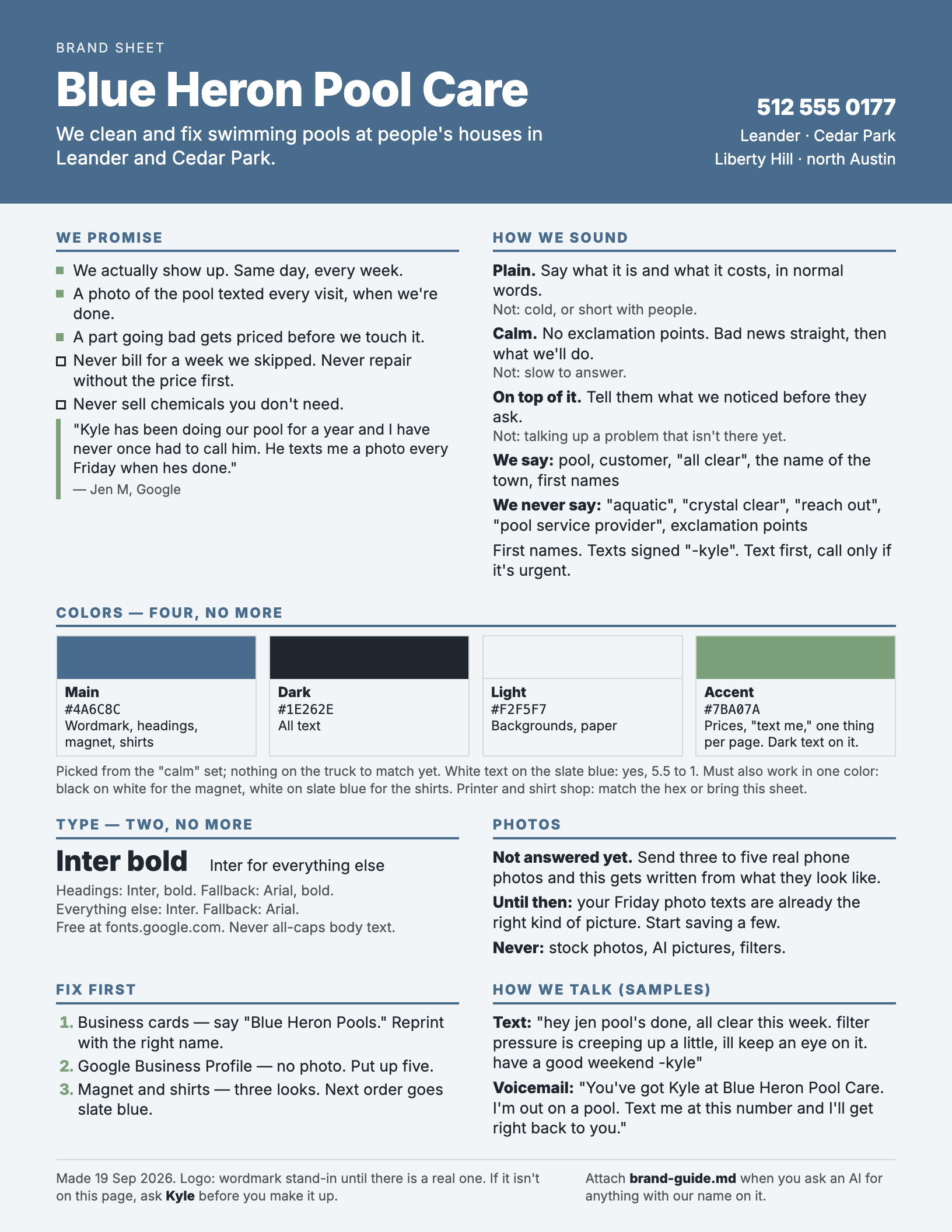 A one-page brand sheet for Blue Heron Pool Care: slate blue band with the name and phone number, then We promise, How we sound, four color swatches with hex codes, the two fonts, photo rules, a Fix first list, and sample texts