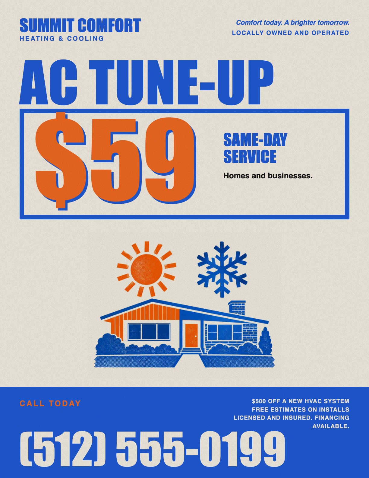 A cream flyer printed in orange and blue: AC tune-up in huge type, $59 inside a thick blue box, a flat screen-print drawing of a house with a sun and a snowflake, and the phone number on a blue band