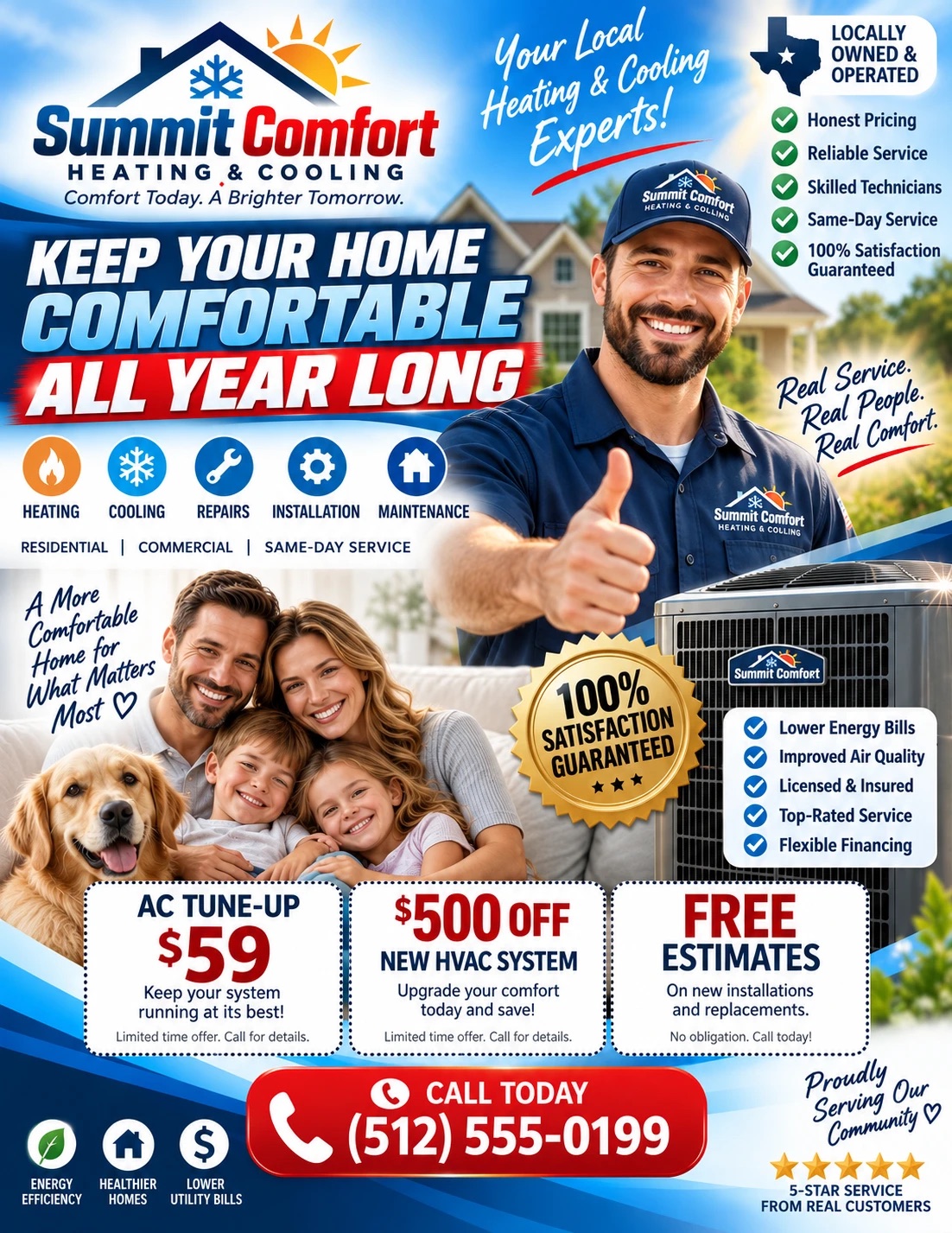 A busy blue heating and cooling flyer with an AI-generated smiling technician giving a thumbs up, a fake family with a golden retriever, a gold satisfaction badge, rows of checkmarks, and three coupons